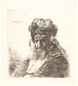 Stary brodaty mężczyzna w wysokiej futrzanej czapce, z zamkniętymi oczami autorstwa Rembrandt van Rijn