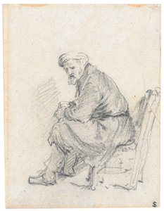 Starzec w turbanie, siedzący z profilu, skręcający się w lewo autorstwa Rembrandt van Rijn