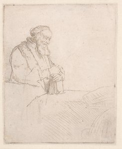 Starszy mężczyzna w trakcie medytacji, opierający się o książkę autorstwa Rembrandt van Rijn