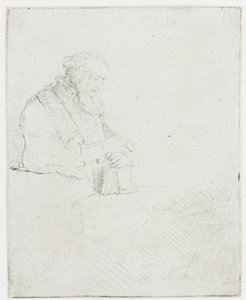 Starszy mężczyzna w trakcie medytacji, opierający się o książkę autorstwa Rembrandt van Rijn