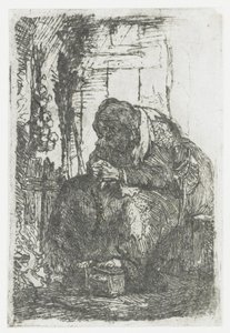 Starsza kobieta z cebulami, siedząca w chatce autorstwa Rembrandt van Rijn