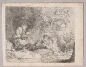 Pasterz grający na flecie (Widok Omval z pasterką i grającym na flecie) autorstwa Rembrandt van Rijn