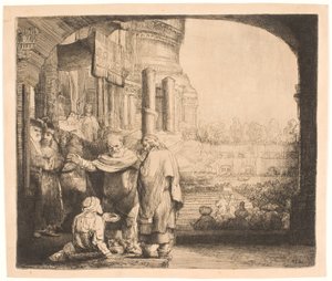 Piotr i Jan uzdrawiają kalekę w bramie świątyni” autorstwa Rembrandt van Rijn