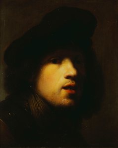 Portret artysty, głowa i ramiona, w czarnym berecie i ryngrafie autorstwa Rembrandt van Rijn