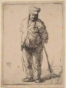 Obdarty chłop z rękami za plecami, trzymający kij autorstwa Rembrandt van Rijn