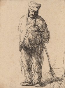 Obdarty chłop z rękami za sobą, trzymający kij, c. 1630. autorstwa Rembrandt van Rijn