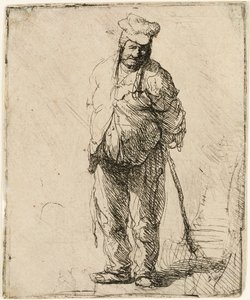 Obdarty chłop z rękami za sobą, trzymający kij, ok. 1630. autorstwa Rembrandt van Rijn