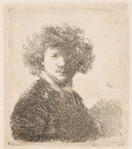 Rembrandt bez nakrycia głowy, z gęstymi, kręconymi włosami i małym białym kołnierzykiem: popiersie autorstwa Rembrandt van Rijn