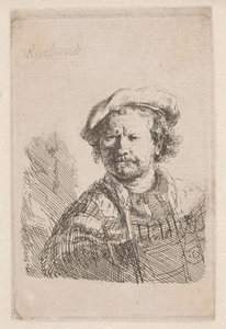 Rembrandt w kaszkiecie z szalem na ramionach autorstwa Rembrandt van Rijn