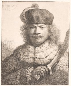 Rembrandt z uniesioną szablą: portret do połowy postaci autorstwa Rembrandt van Rijn