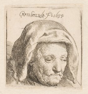 Matka Rembrandta w nakryciu głowy z tkaniny, spoglądająca w dół: tylko głowa autorstwa Rembrandt van Rijn