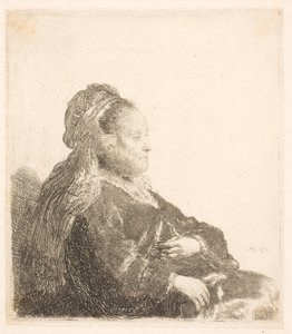Matka Rembrandta siedząca w prawo, w orientalnym nakryciu głowy: półdługa, pokazująca ręce autorstwa Rembrandt van Rijn