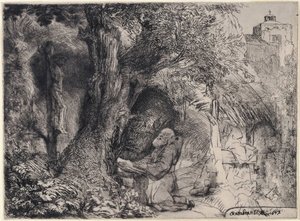 Święty Franciszek modlący się pod drzewem autorstwa Rembrandt van Rijn