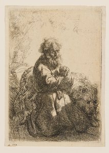 Święty Hieronim klęczący w modlitwie, spoglądający w dół autorstwa Rembrandt van Rijn