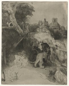 Święty Hieronim czytanie w włoskim krajobrazie Czytanie św. Hieronima we włoskim krajobrazie autorstwa Rembrandt van Rijn