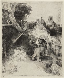 Święty Hieronim na tle włoskiego pejzażu autorstwa Rembrandt van Rijn