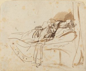 Saskia(?) leżąca w łóżku autorstwa Rembrandt van Rijn