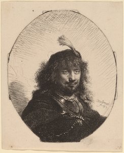 Autoportret (?) z czapką z piórem i opuszczoną szablą autorstwa Rembrandt van Rijn