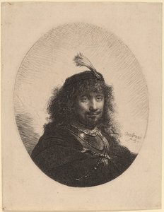 Autoportret (?) z czapką z piórem i opuszczoną szablą autorstwa Rembrandt van Rijn