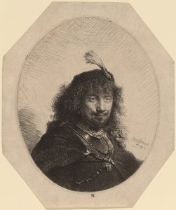 Autoportret (?) z czapką z piórem i opuszczoną szablą autorstwa Rembrandt van Rijn