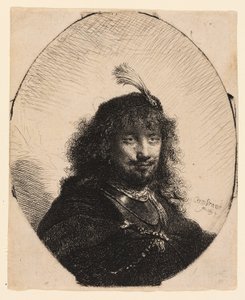 Autoportret (?) z czapką z piórem i opuszczoną szablą autorstwa Rembrandt van Rijn