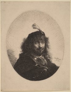 Autoportret () w czapce z piórami i z opuszczoną szablą autorstwa Rembrandt van Rijn
