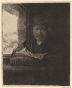Rysowanie autoportretu w oknie autorstwa Rembrandt van Rijn