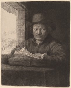 Rysowanie autoportretu w oknie autorstwa Rembrandt van Rijn