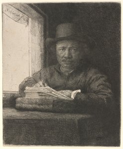 Rysowanie autoportretu w oknie autorstwa Rembrandt van Rijn