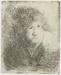 Autoportret, pochylony do przodu, słuchanie, 1628. autorstwa Rembrandt van Rijn