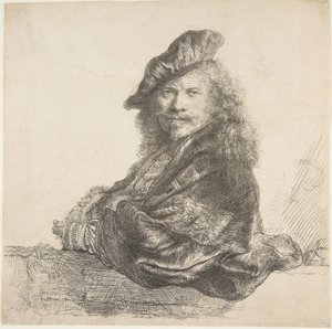 Autoportret, oparty na kamiennej ścianie, 1639. autorstwa Rembrandt van Rijn