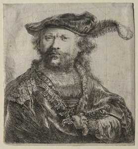 Autoportret w aksamitnej czapce z pióropuszem, 1638. autorstwa Rembrandt van Rijn