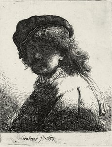 Autoportret w czapce i szaliku z ciemną twarzą, 1633 autorstwa Rembrandt van Rijn