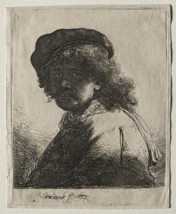 Autoportret w czapce i szaliku z ciemną twarzą: biust, 1633. autorstwa Rembrandt van Rijn