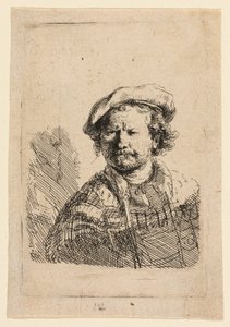 Autoportret w kaszkiecie i haftowanej sukience autorstwa Rembrandt van Rijn