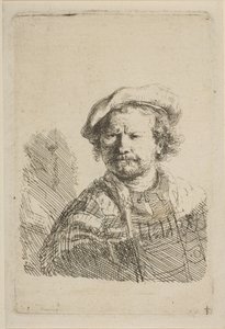 Autoportret w kaszkiecie i haftowanej sukience, ca. 1642. autorstwa Rembrandt van Rijn