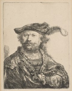 Autoportret w aksamitnej czapce z pióropuszem, 1638. autorstwa Rembrandt van Rijn