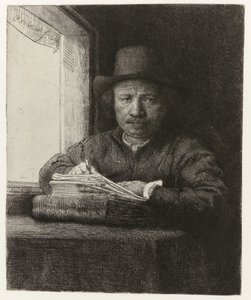 Autoportret, akwaforta w oknie Akwaforta autoportretu w oknie autorstwa Rembrandt van Rijn