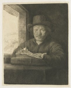 Akwaforta autoportretu w oknie autorstwa Rembrandt van Rijn