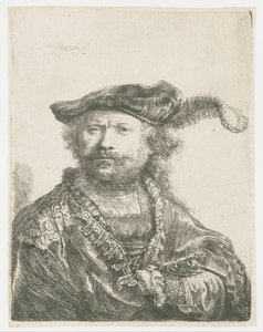 Autoportret w aksamitnej czapce z pióropuszem Autoportret w aksamitnej czapce z pióropuszem autorstwa Rembrandt van Rijn