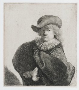Autoportret w miękkim kapeluszu i wzorzystym płaszczu autorstwa Rembrandt van Rijn