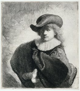 Autoportret w miękkim kapeluszu i haftowanym płaszczu, 1631. autorstwa Rembrandt van Rijn