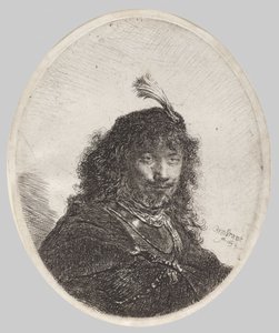 Autoportret w czapce z piórami i z opuszczoną szablą autorstwa Rembrandt van Rijn