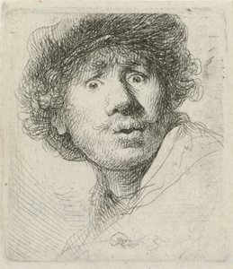 Autoportret z beretem i szeroko otwartymi oczami, 1630 autorstwa Rembrandt van Rijn