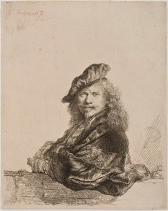 Autoportret oparty o parapet, 1639 (akwaforta i sucha igła) autorstwa Rembrandt van Rijn