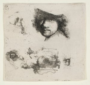 Zbiór studiów: Głowa artysty, para żebraków, głowy starca i staruszki itp. autorstwa Rembrandt van Rijn