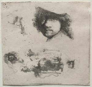 Arkusz studiów: Autoportret, para żebraków itp. autorstwa Rembrandt van Rijn