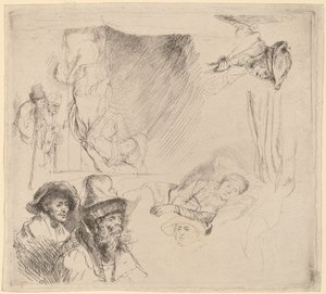 Arkusz studiów z kobietą leżącą chorą w łóżku autorstwa Rembrandt van Rijn