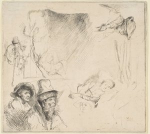 Arkusz studiów z kobietą leżącą chorą w łóżku itp., ok. godz. 164142. autorstwa Rembrandt van Rijn