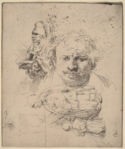 Arkusz z rysunkami przedstawiającymi głowę artysty, żebraka oraz kobietę z dzieckiem autorstwa Rembrandt van Rijn